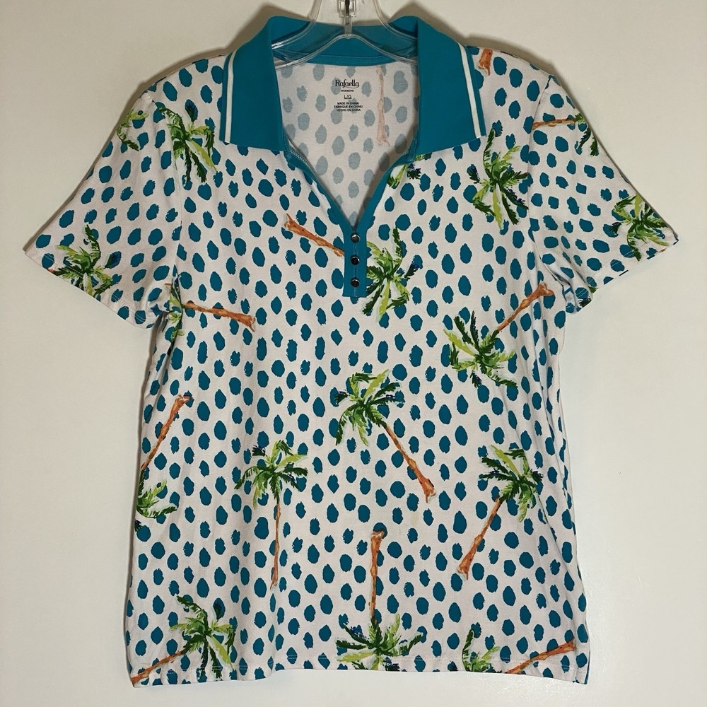 Rafaella Weekend Top Womens Large Blue Multi Tropical Palm Tree Spots Polo Fun L